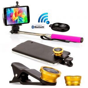 Pau de Selfie Bastão Monopod controle 3 Lentes Rosa