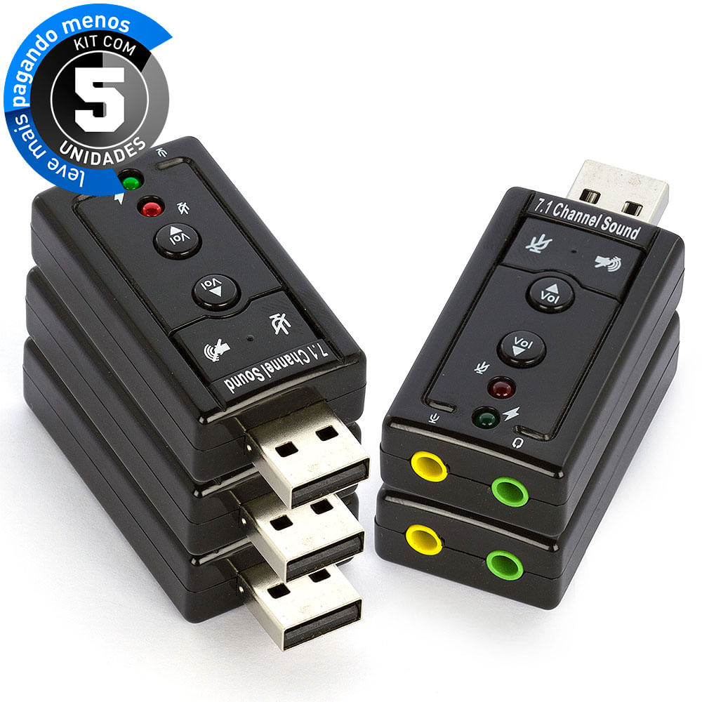 Placa de Som USB 7.1 DirectSound 3D - Kit com 5