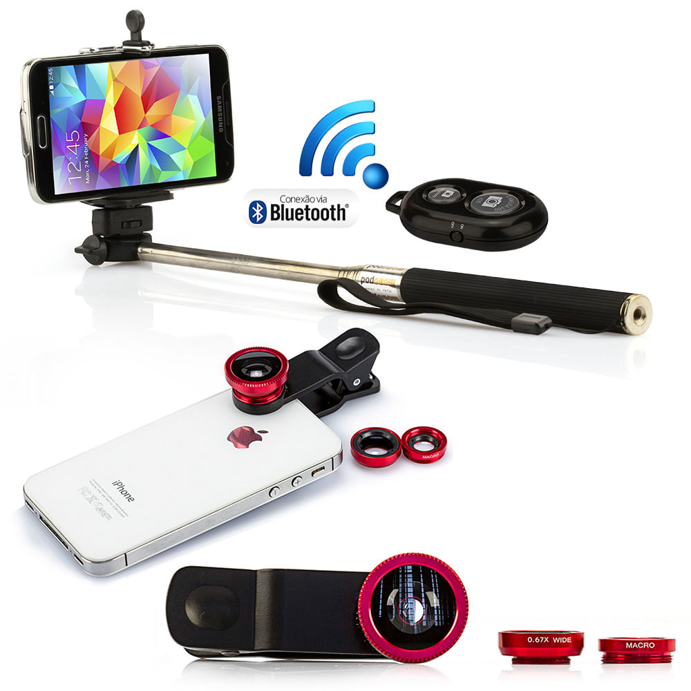 Pau de Selfie Bastão Monopod + controle + 3 Lentes Universal