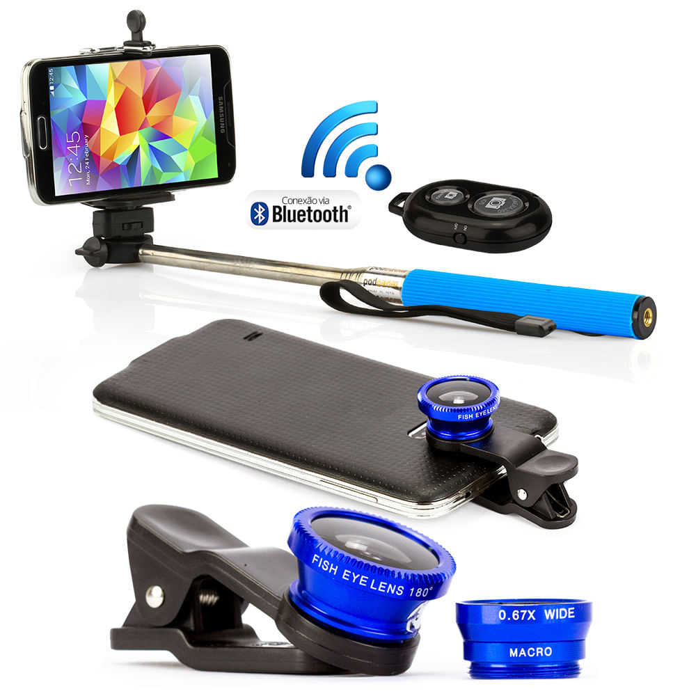 Pau de Selfie controle + Lentes Universal - Azul