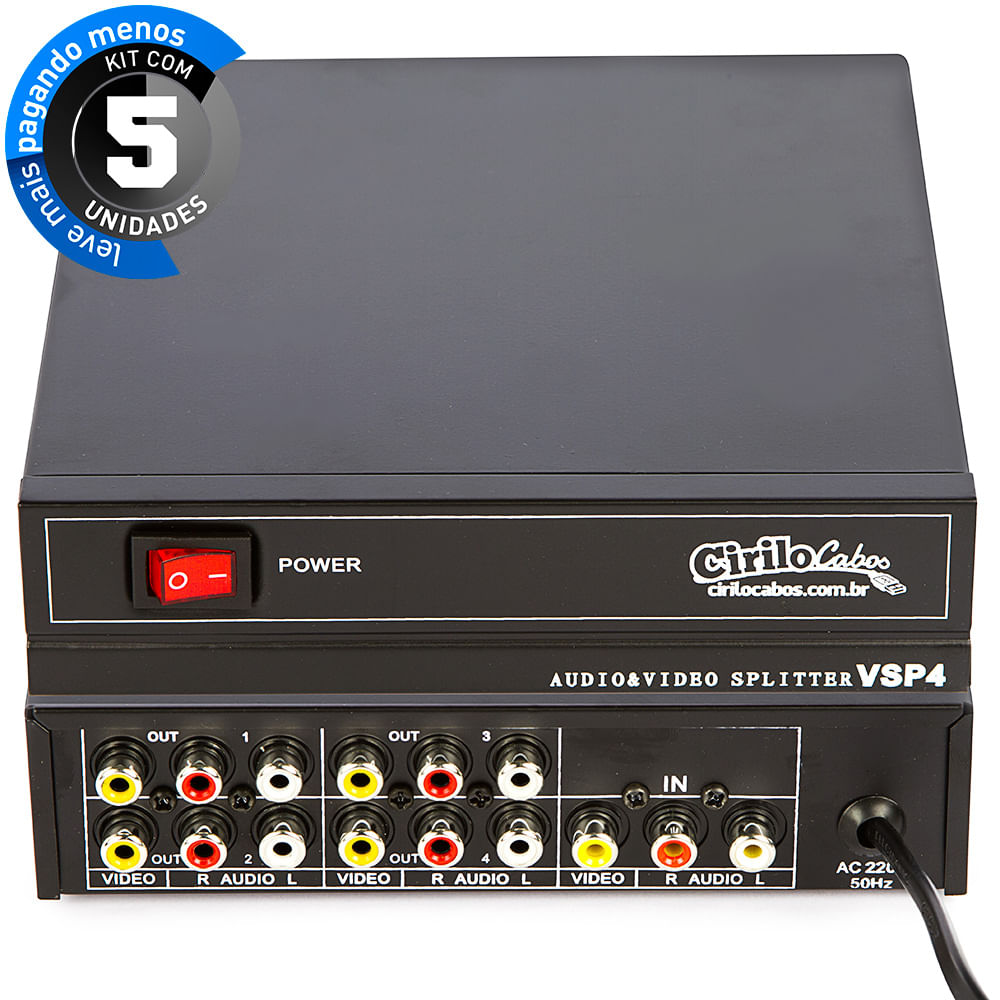 Distribuidor Vídeo Splitter RCA 1 para 4 - Kit com 5