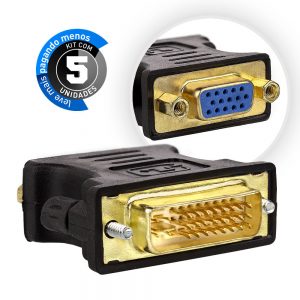 Adaptador DVI para VGA Preto - Kit com 5