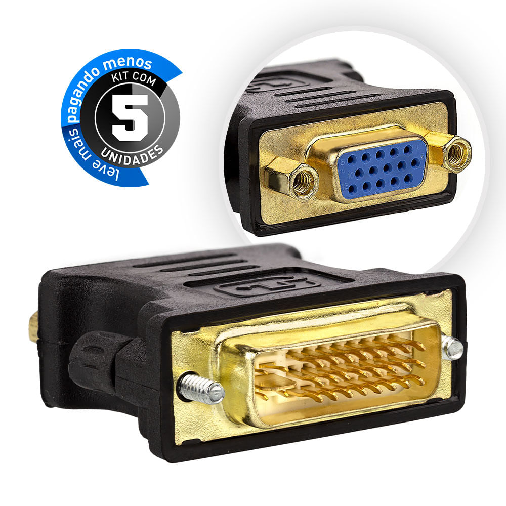 Adaptador DVI para VGA Preto - Kit com 5