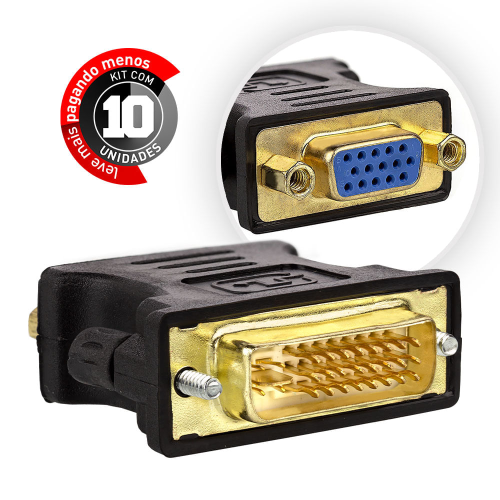 Adaptador DVI para VGA Preto - Kit com 10