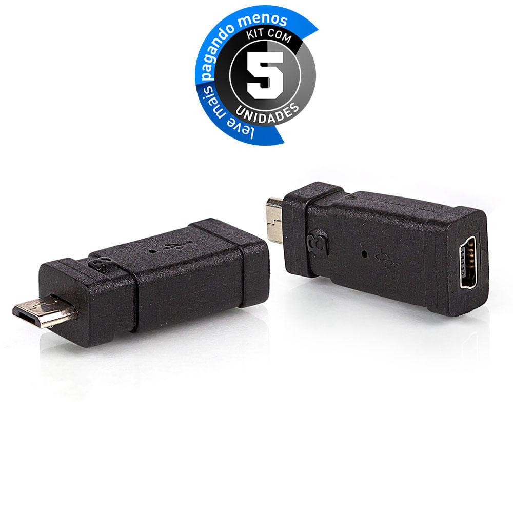 Adaptador Micro USB para Mini USB - Fêmea - Kit com 5