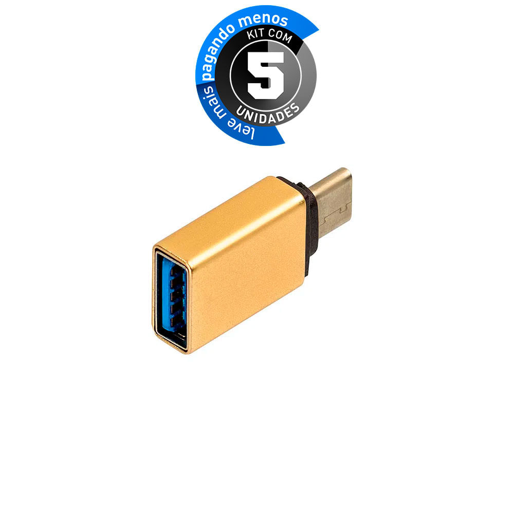 Adaptador USB-C/USB 3.0 com Função OTG, Dourado - Kit com 5