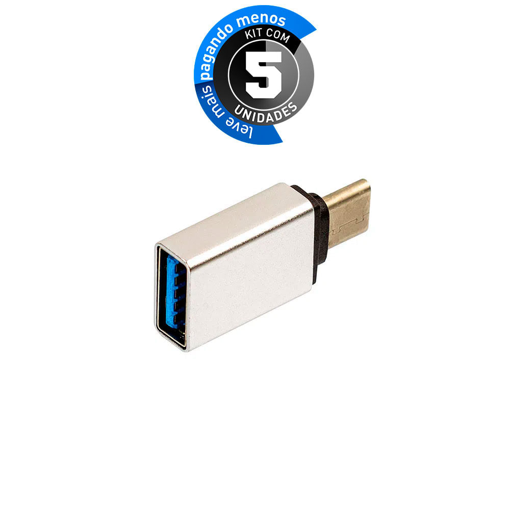 Adaptador USB-C/USB 3.0 com Função OTG, Prata - Kit com 5