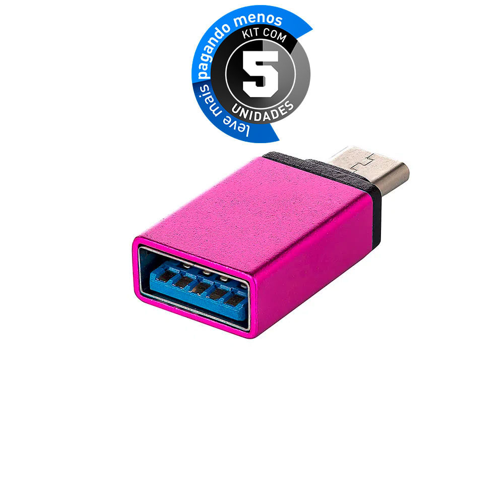 Adaptador USB-C/USB 3.0 com Função OTG, Rosa - Kit com 5