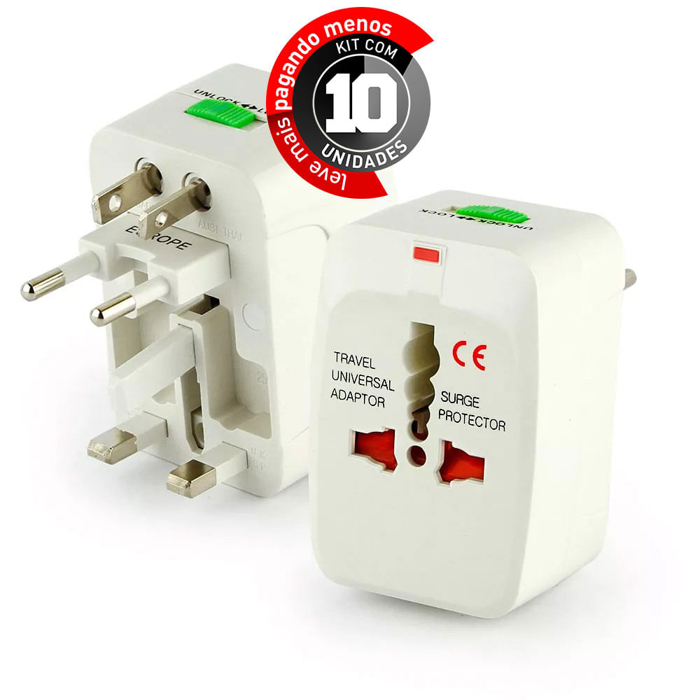 Adaptador Universal de Tomadas 150 Países - Kit com 10