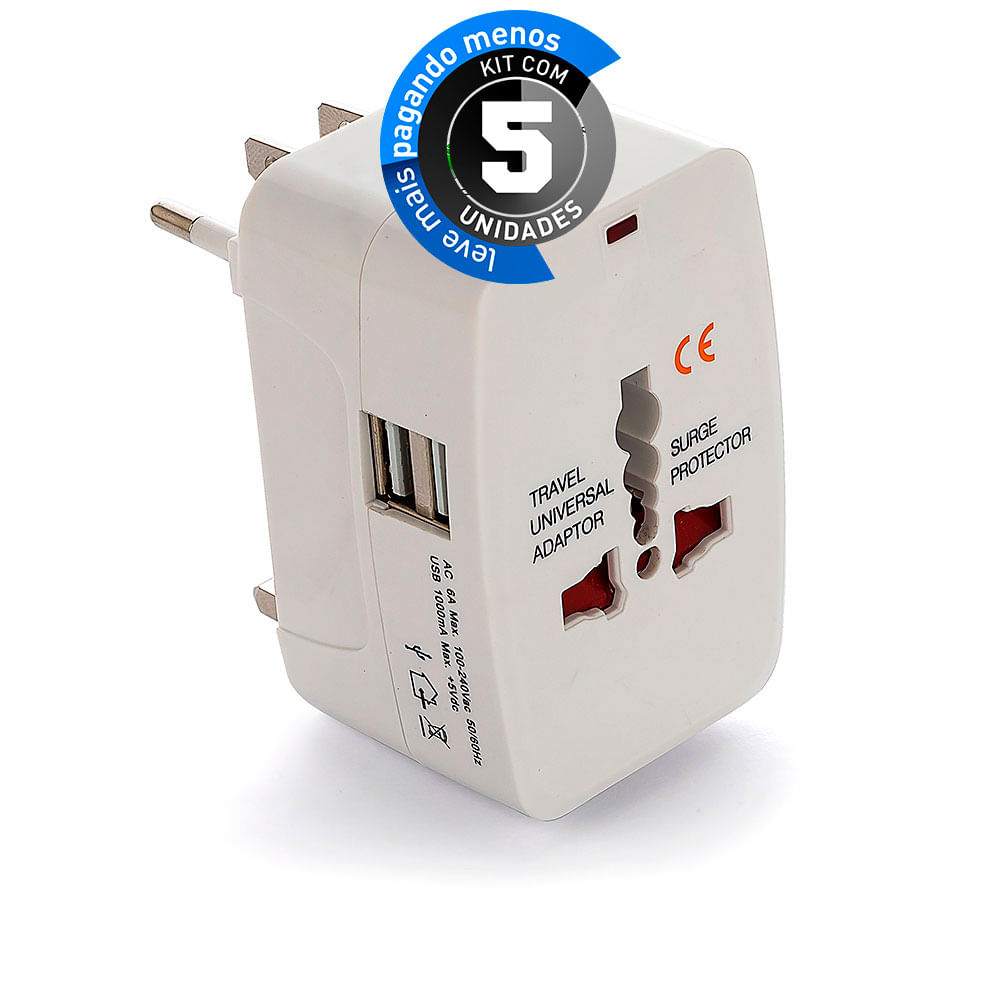 Adaptador Universal de Tomadas com USB - Kit com 5