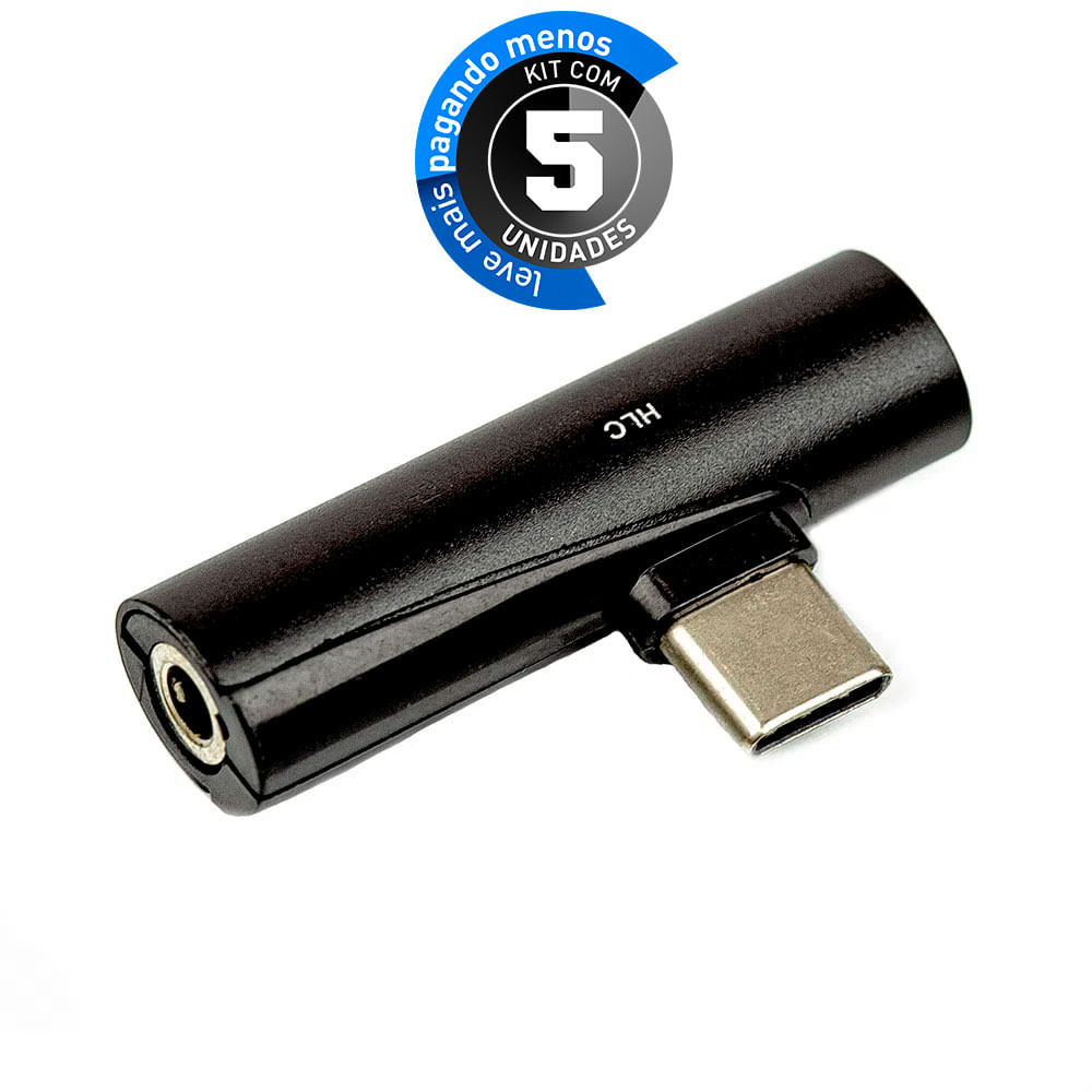 Adaptador USB Tipo-C Fone Ouvido P2, Preto - Kit com 5