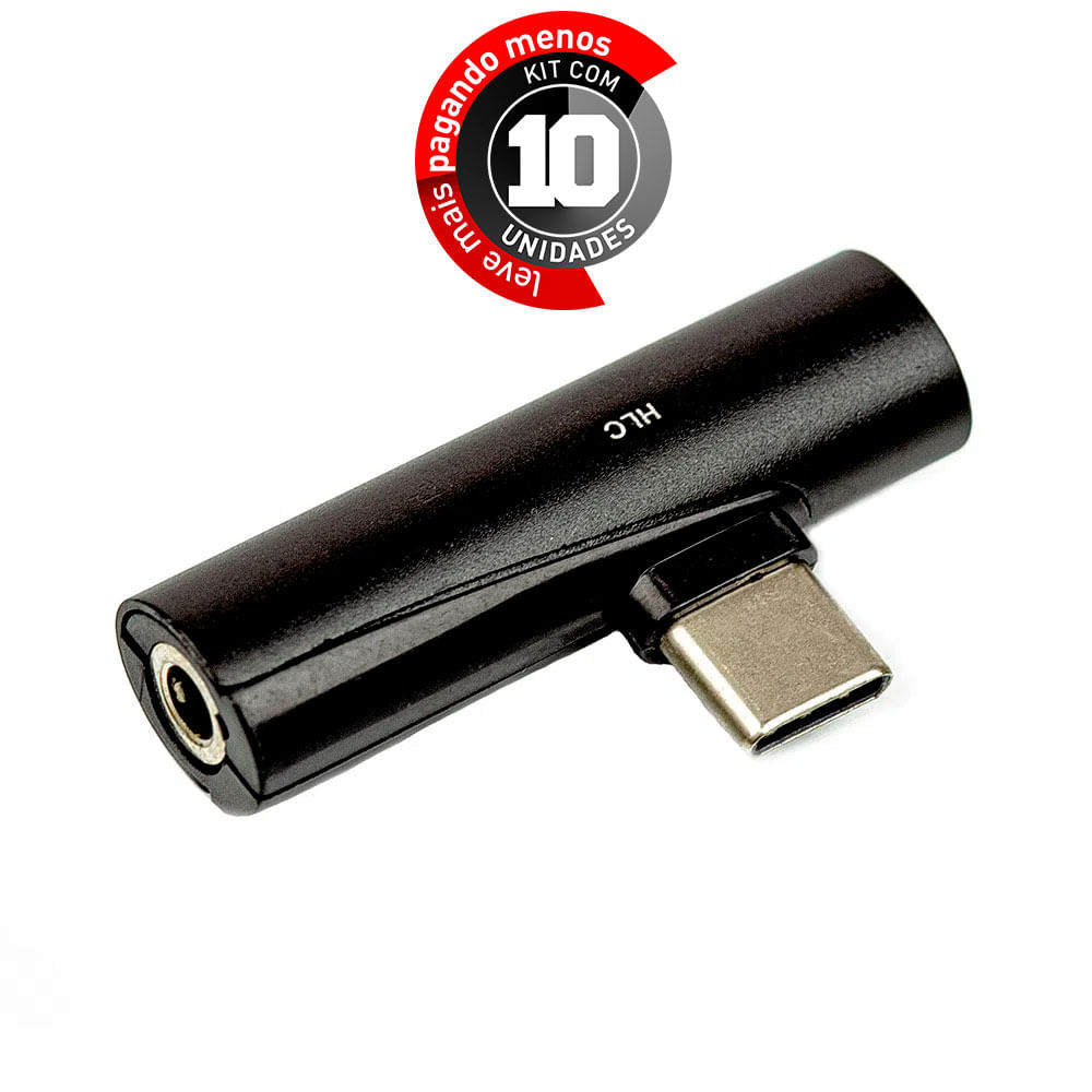 Adaptador USB Tipo-C para Fone Ouvido P2, Preto - Kit com 10