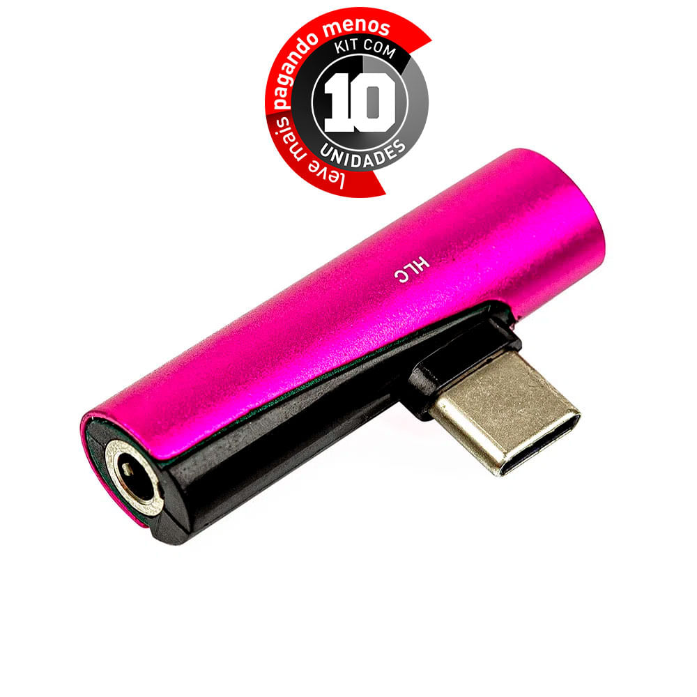Adaptador USB Tipo-C para Fone Ouvido P2, Rosa - Kit com 10