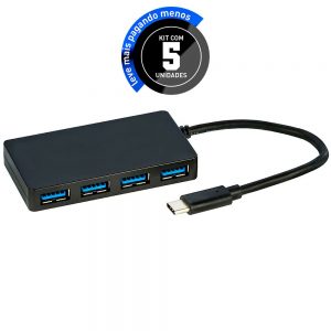 HUB USB Tipo C 4 Portas USB 3.0 - Speed 5 Gbps - Kit com 5