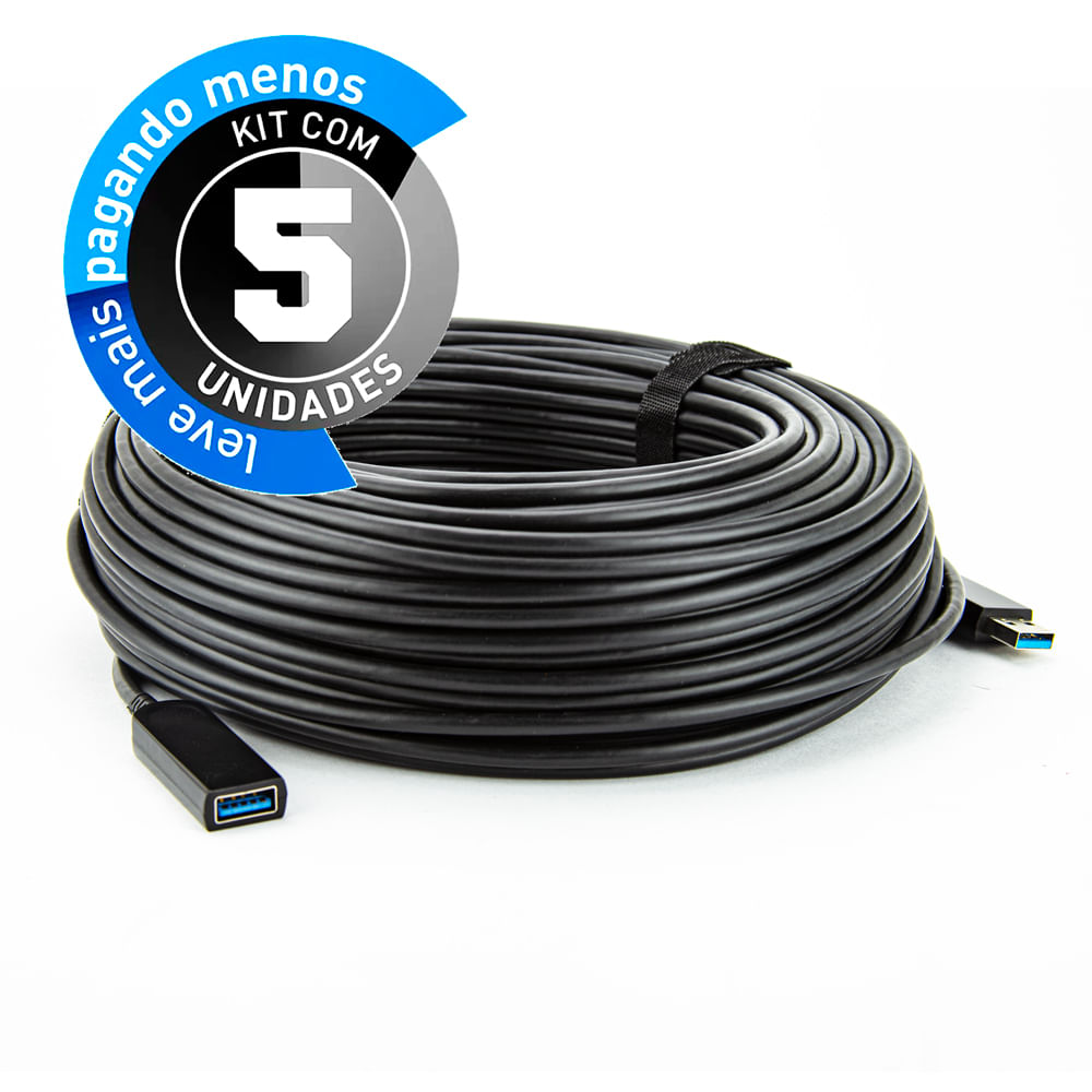 Extensor USB Fibra Óptica 3.0 - 50 Metros - Kit com 5