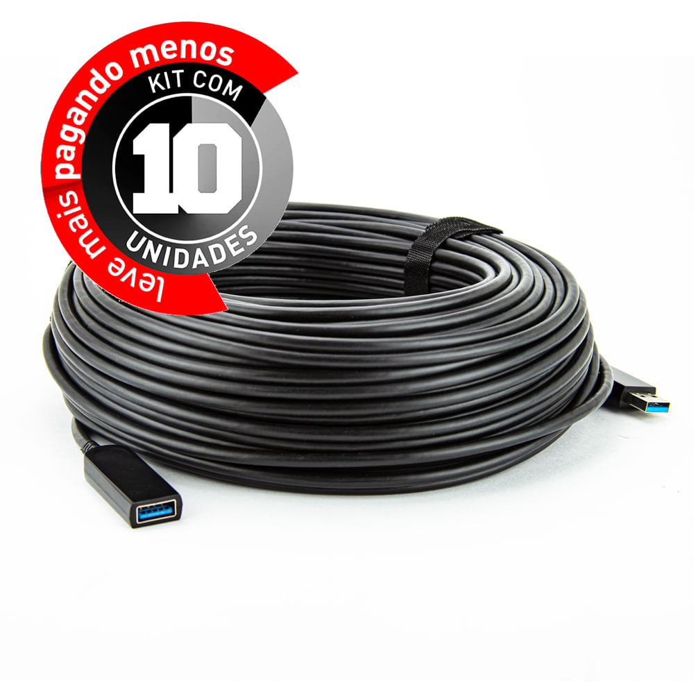 Extensor USB Fibra Óptica 3.0 - 30 Metros - Kit com 10