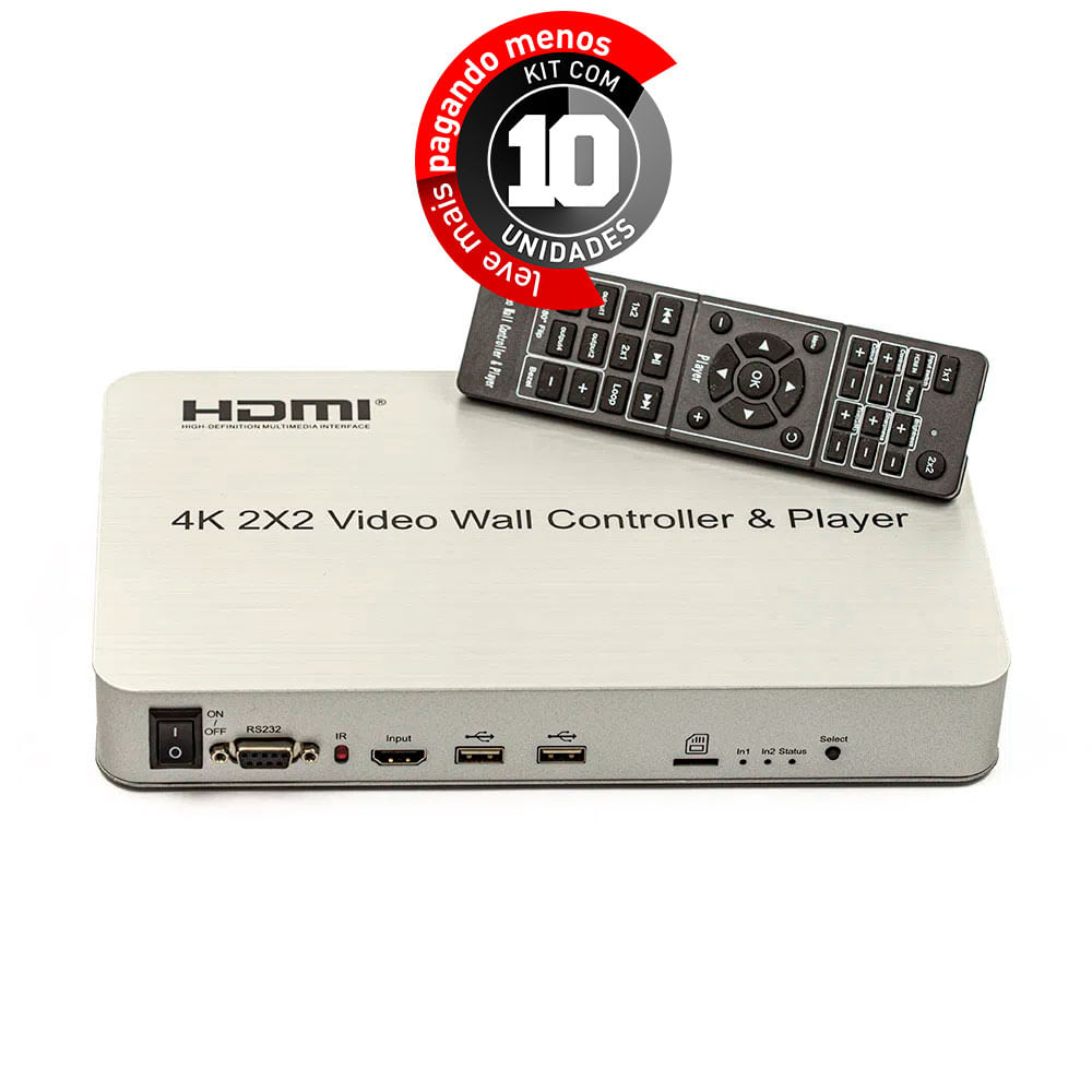 Controlador de Vídeo Wall 2x2 USB - HDMI - 4K - Kit com 10