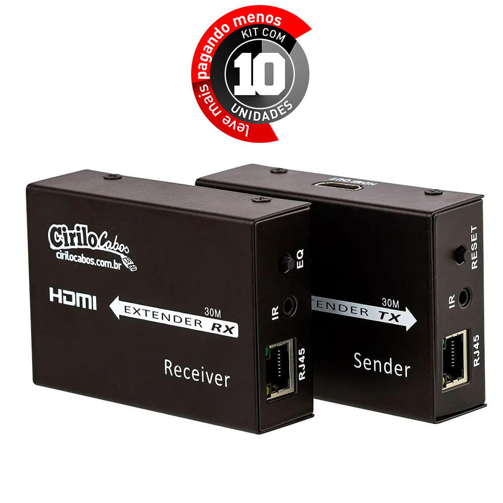 Extensor HDMI 30 Metros - Cat5e/Cat6 3D - 1080P - Kit com 10
