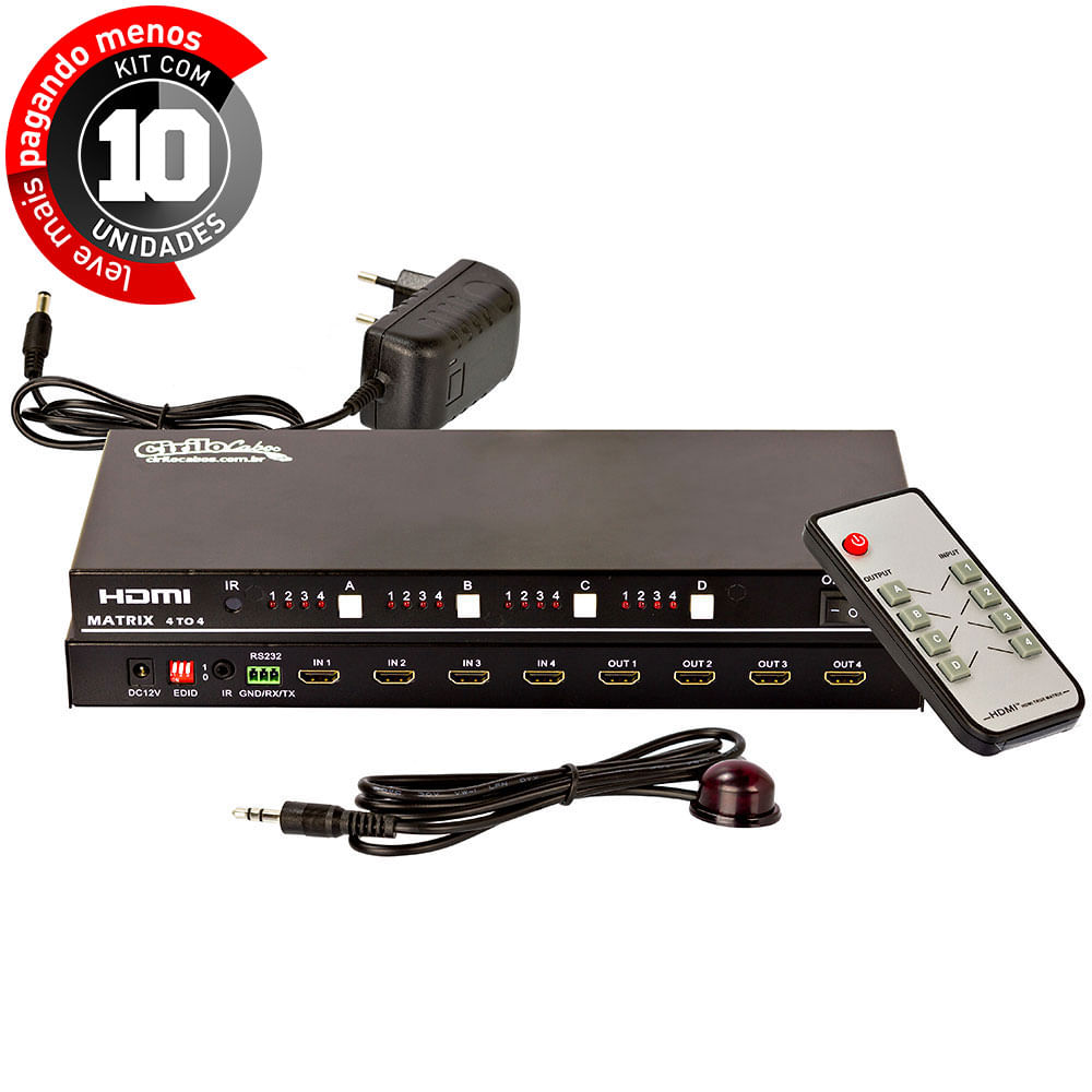 Switch/Splitter Matrix 4x4 HDMI 3D Full HD - Kit com 10