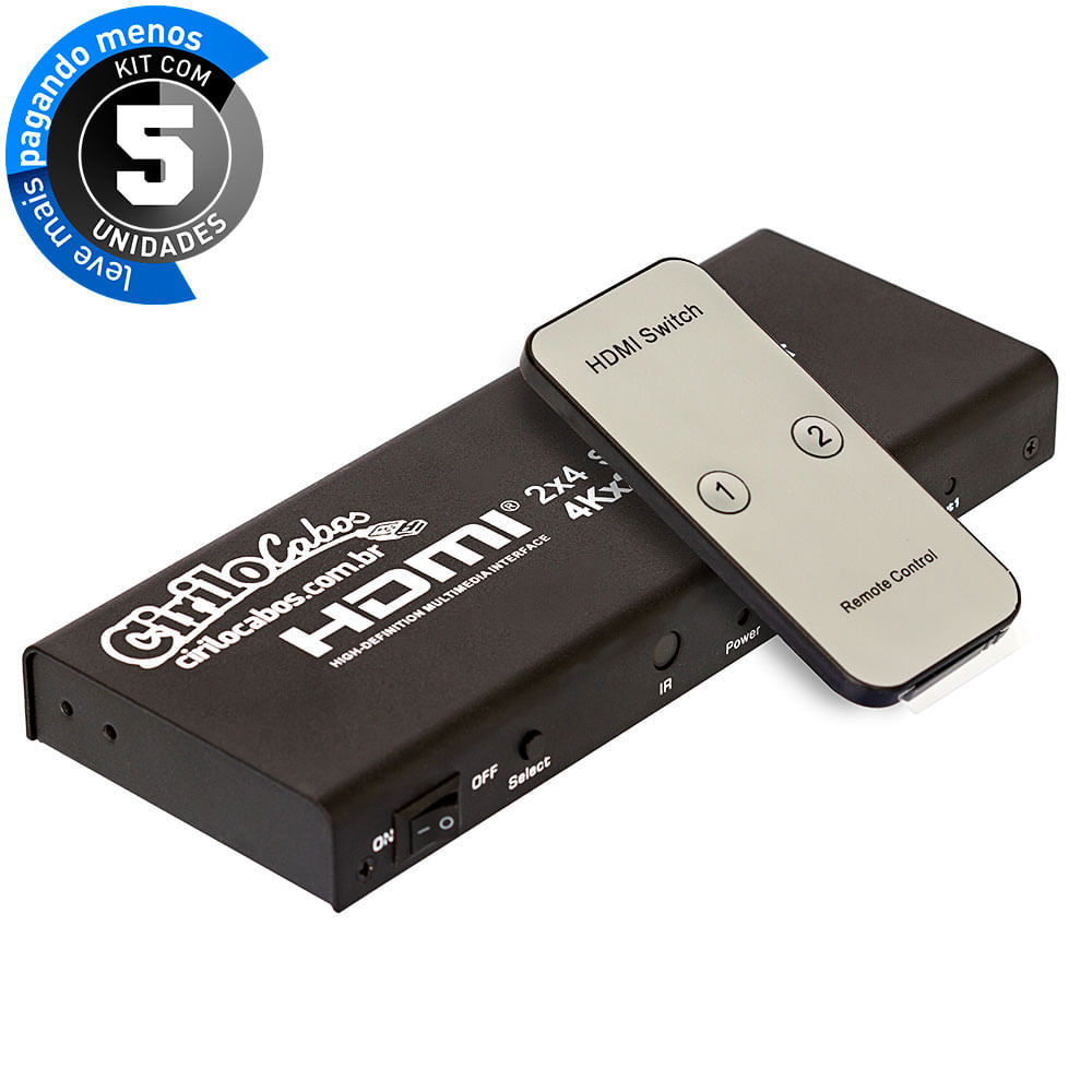 Switch/Splitter Matrix 2x4 HDMI 3D Full HD - Kit com 5