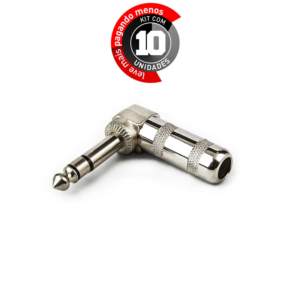 Plug Conector P10 90 Graus Estereo - Kit com 10