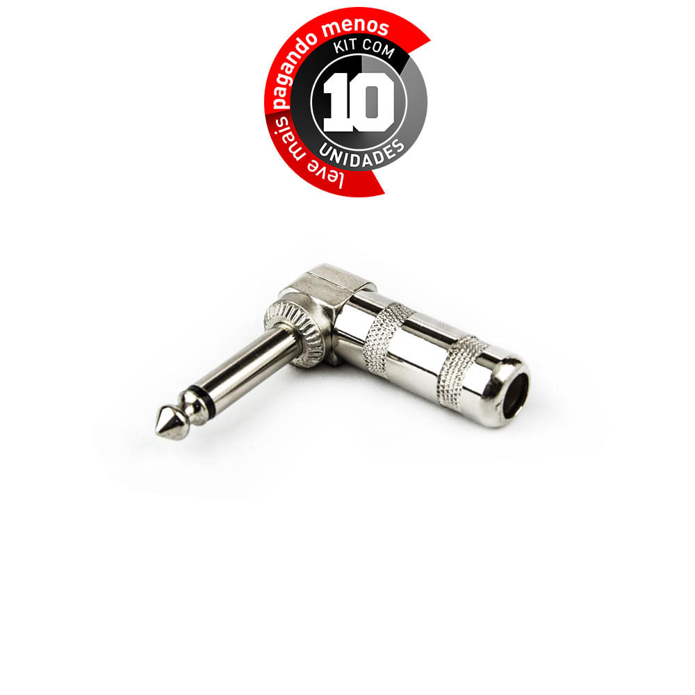 Plug Conector P10 90 Graus Mono - Kit com 10