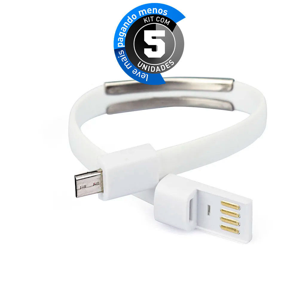 Pulseira Carregador USB Android e Windows Branco - Kit com 5