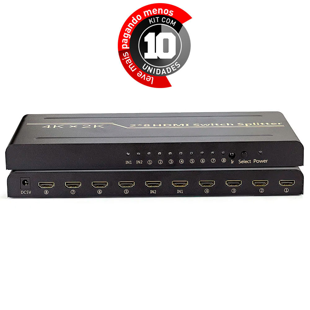 Splitter Switch HDMI 4K, 2K, Divisor 2x8 - Kit com 10