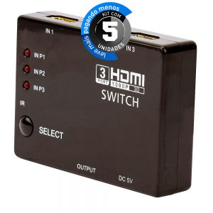 Switch 3x1 HDMI Full HD 1080p 3D com Controle - Kit com 5