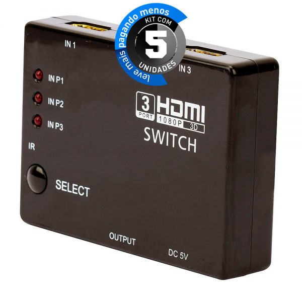 Switch 3x1 HDMI Full HD 1080p 3D com Controle - Kit com 5