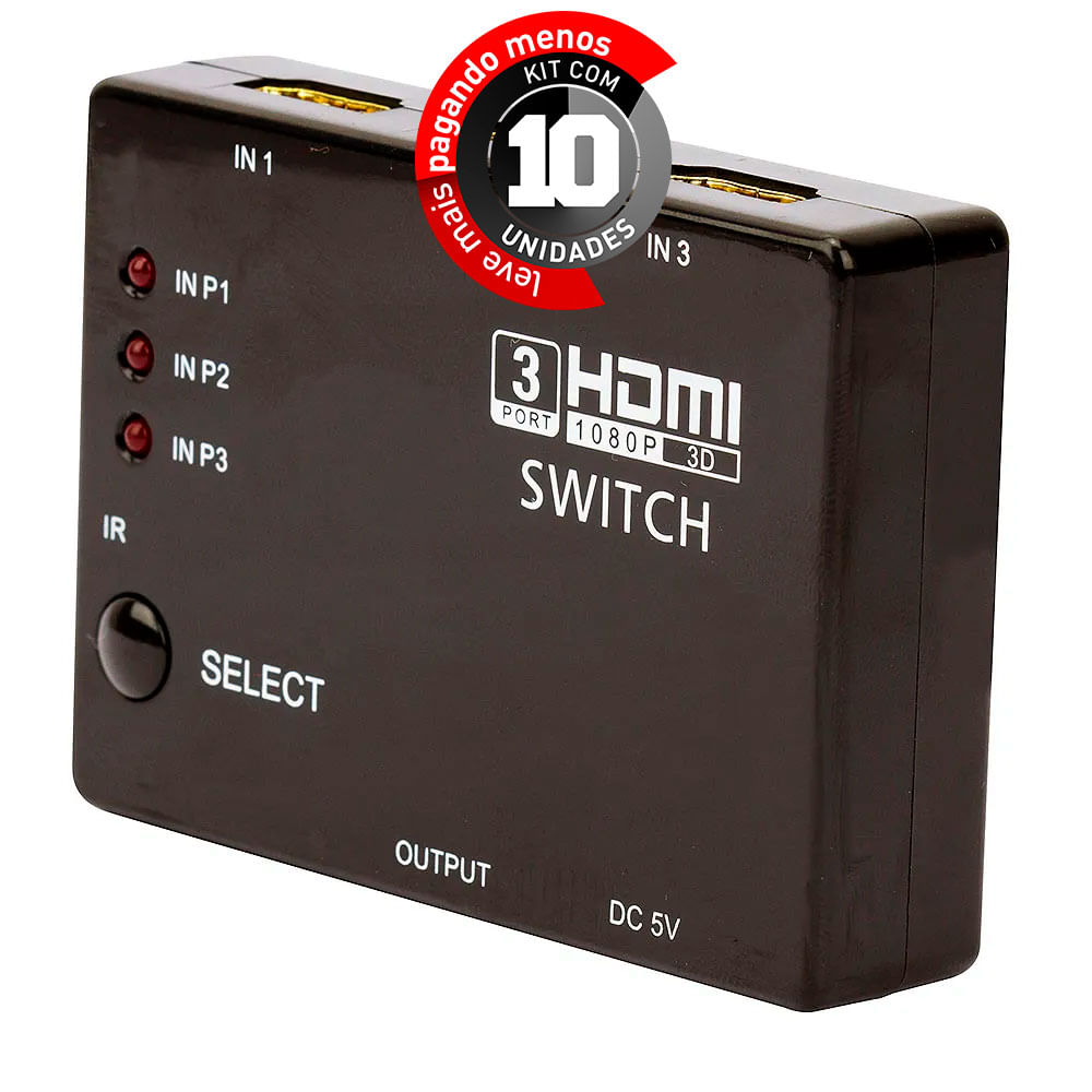 Switch 3x1 HDMI Full HD 1080p 3D com Controle - Kit com 10