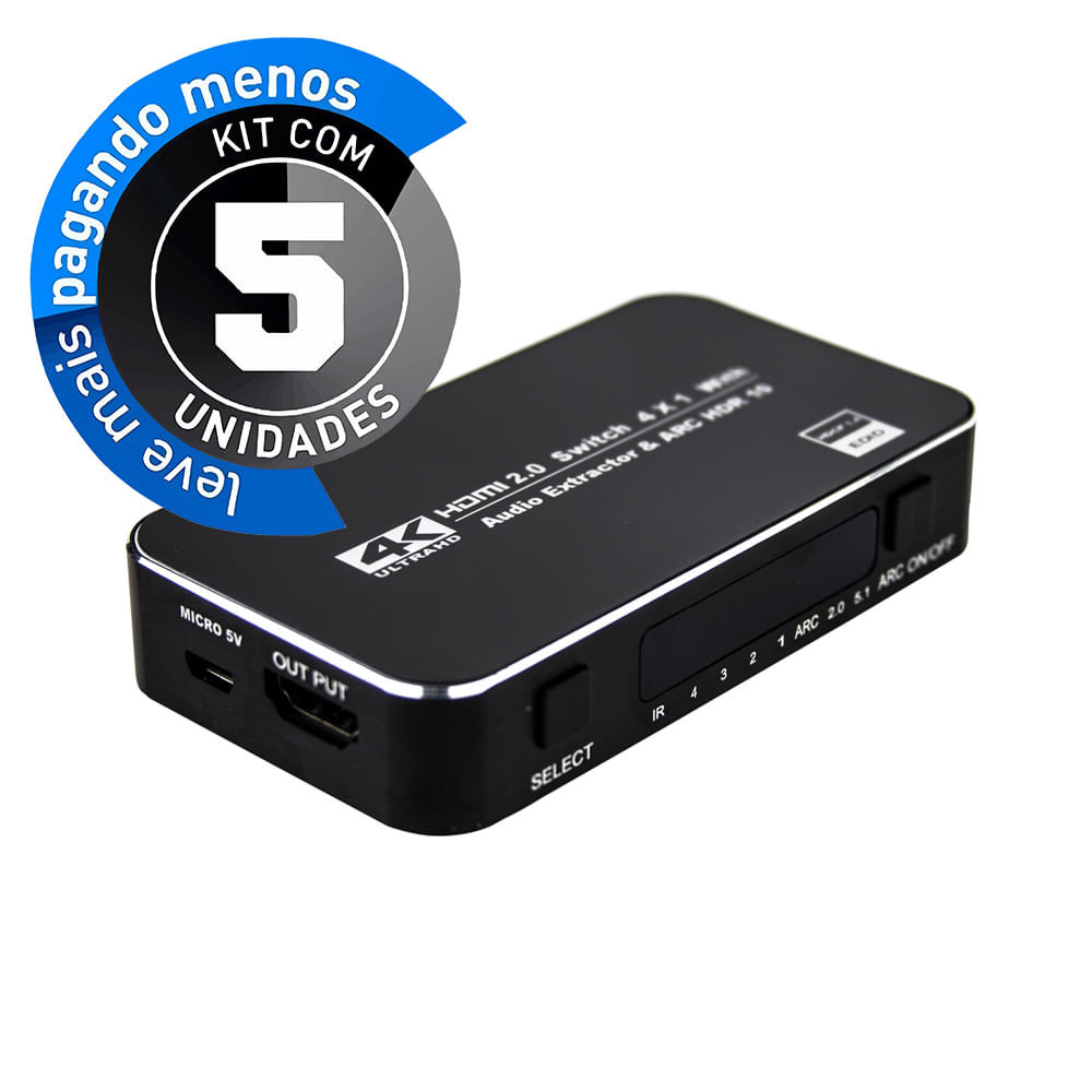 Switch HDMI 2.0, 4K, 4 Portas com Controle - Kit com 5