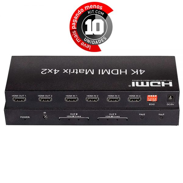 Switch HDMI 4x2 Controle - 2K, 4K, 3D e Full HD - Kit com 10