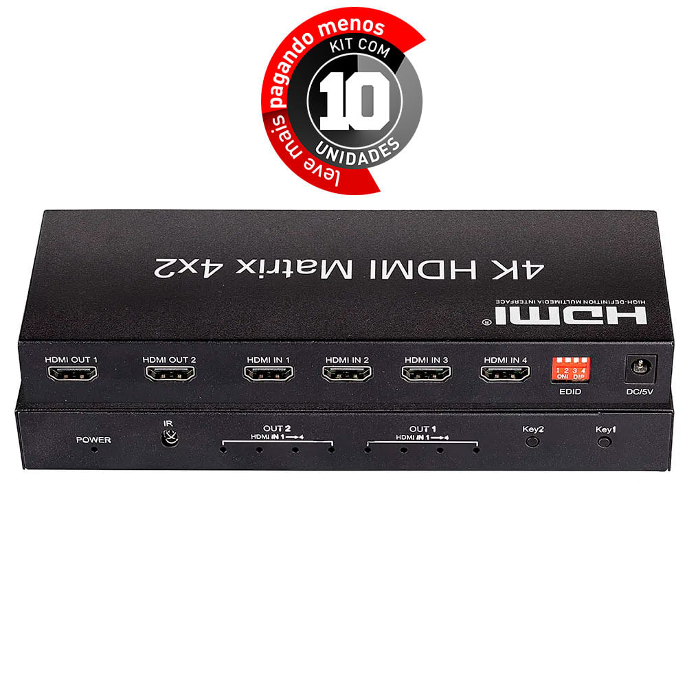 Switch HDMI 4x2 Controle - 2K, 4K, 3D e Full HD - Kit com 10