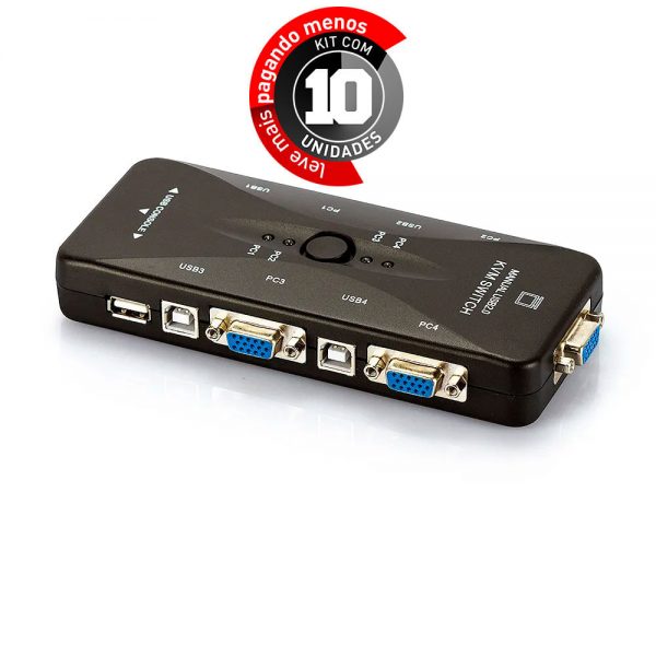 Switch KVM USB 4 Portas VGA - USB 2.0 - Kit com 10
