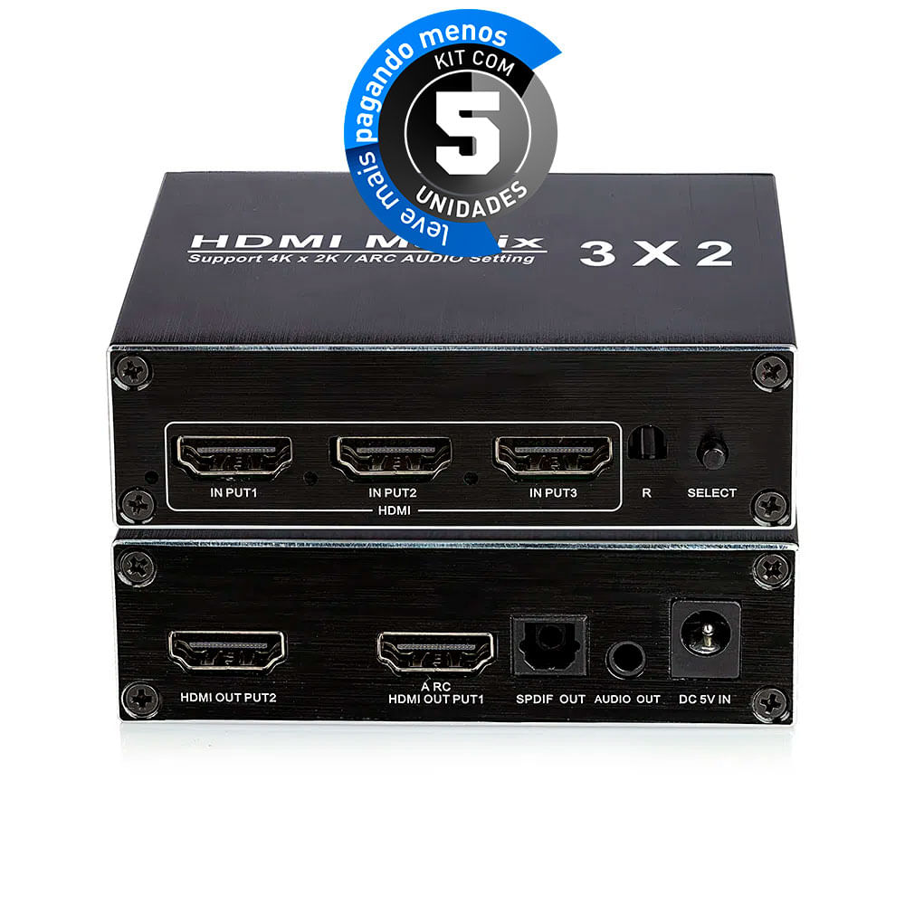 Switch Matrix HDMI 3x2 4k 2k - Kit com 5
