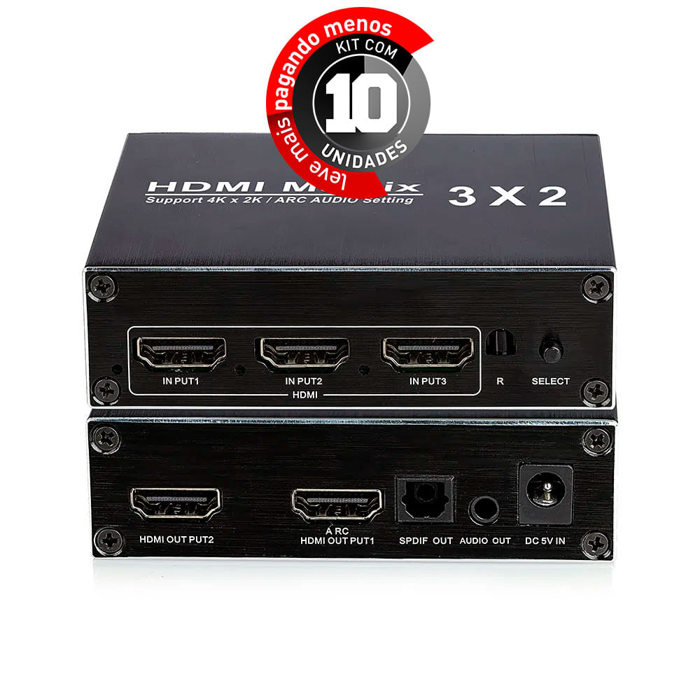 Switch Matrix HDMI 3x2 4k 2k - Kit com 10