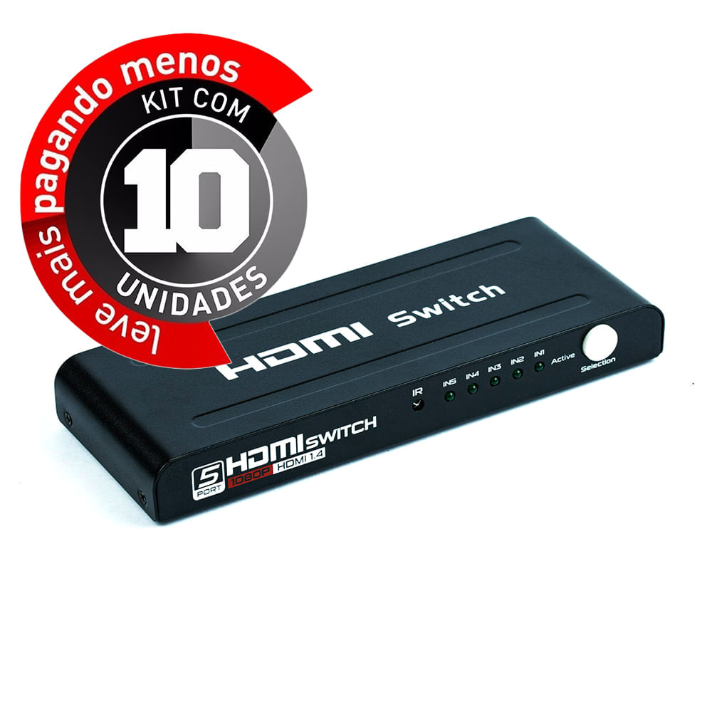 Switich HDMI 5X1 3D Full Hd C/ Controle Remoto - Kit com 10